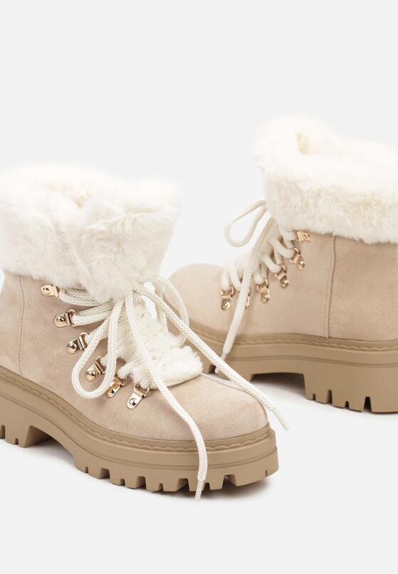 Beżowe Traperki na Tłoczonej Podeszwie Ozdobione Futerkiem Taiva 6