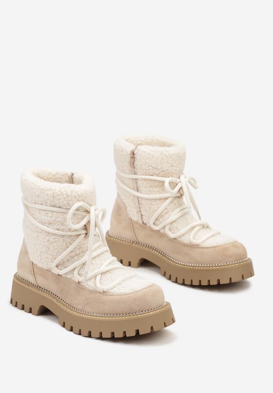 Beżowe Śniegowce na Grubej Podeszwie z Cyrkoniami i Futerkową Wstawką Rianaella 5