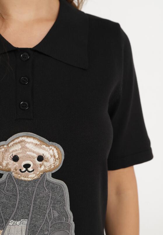 Czarny Wiskozowy T-shirt z Naszywką Misia i Guzikami przy Dekolcie Callidora 5