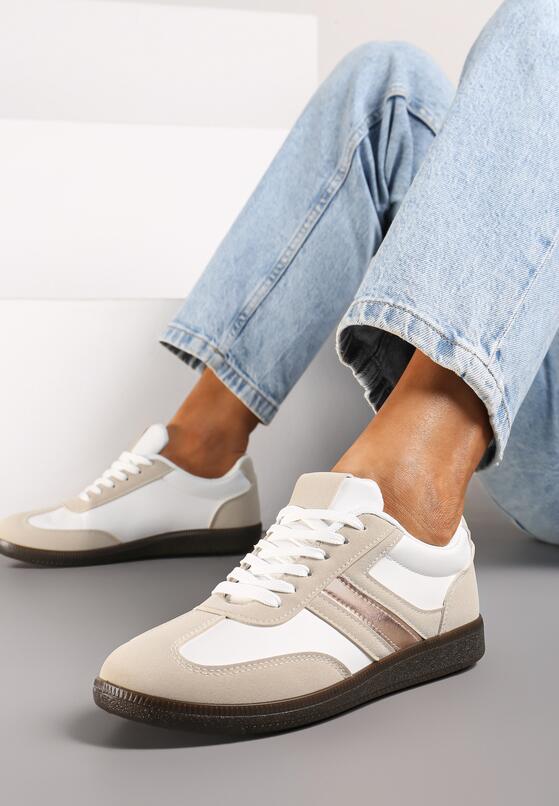 Białe Stylowe Sneakersy na Płaskiej Podeszwie z Geometrycznymi Przeszyciami Rialine 2