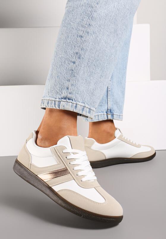 Białe Stylowe Sneakersy na Płaskiej Podeszwie z Geometrycznymi Przeszyciami Rialine 1