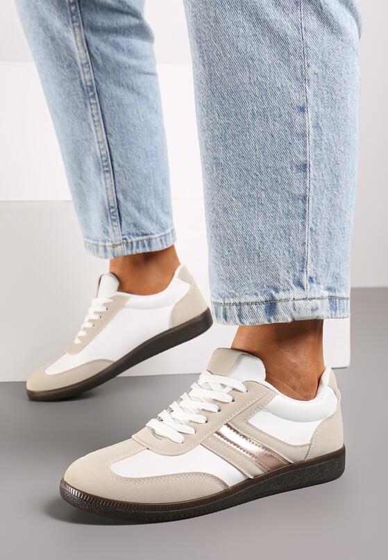 Białe Stylowe Sneakersy na Płaskiej Podeszwie z Geometrycznymi Przeszyciami Rialine 3
