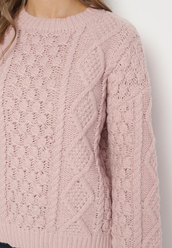 Różowy Sweter z Wełną i Wiskozą o Pudełkowym Kroju ze Wzorzystym Splotem Vailyn 5