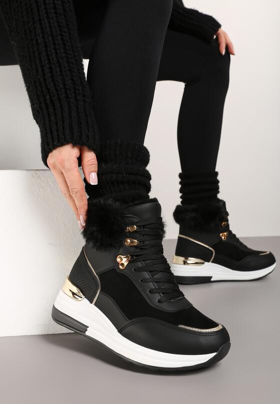Czarne Sneakersy na Ukrytym Koturnie z Futerkową Wstawką i Metalicznym Akcentem Kaivn 1
