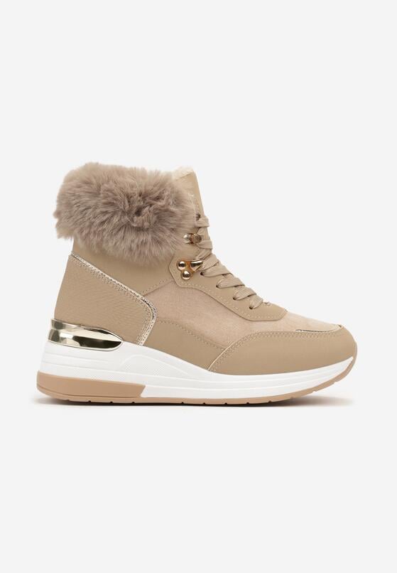 Ciemnobeżowe Sneakersy na Ukrytym Koturnie z Futerkową Wstawką i Metalicznym Akcentem Kaivn 4