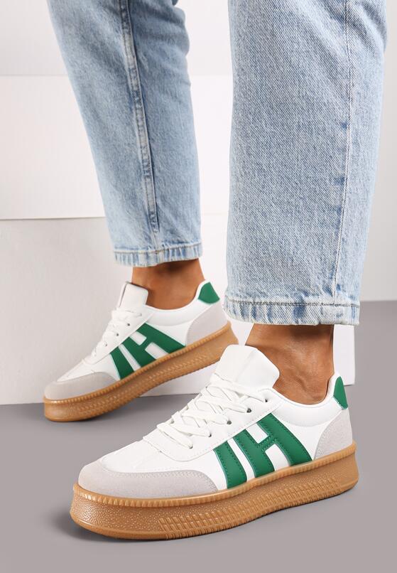 Biało-Zielone Sneakersy na Grubej Podeszwie z Kontrastowymi Przeszyciami Mialunae 3