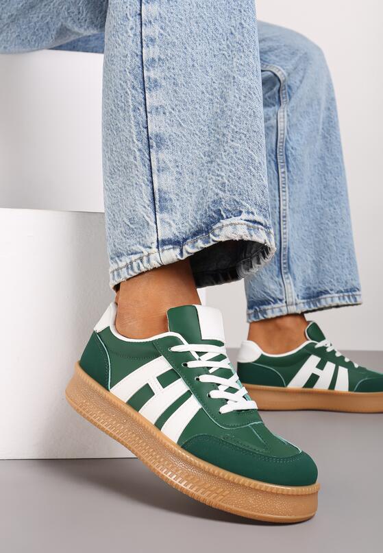Zielone Sneakersy na Grubej Podeszwie z Kontrastowymi Przeszyciami Mialunae 2
