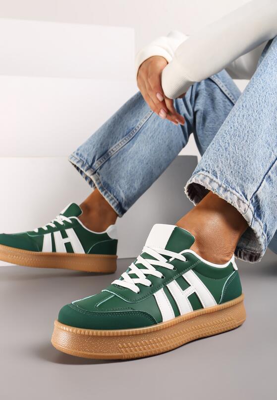 Zielone Sneakersy na Grubej Podeszwie z Kontrastowymi Przeszyciami Mialunae 1