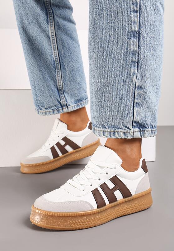 Biało-Brązowe Sneakersy na Grubej Podeszwie z Kontrastowymi Przeszyciami Mialunae 1