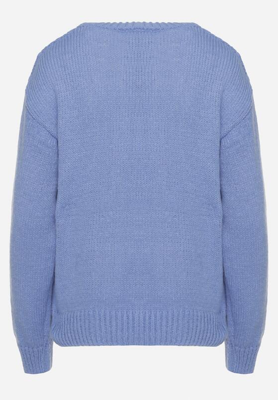 Niebieski Sweter z Wełną Ściągaczem i Tłoczeniem Riavonnae 7