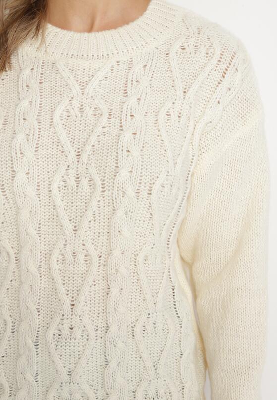 Jasnobeżowy Sweter z Wełną Ściągaczem i Tłoczeniem Riavonnae 5