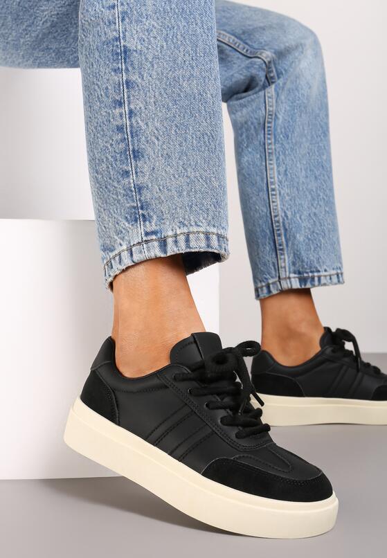 Czarne Sneakersy na Grubej Podeszwie z Paskami i Sznurowaniem Tiariel 2