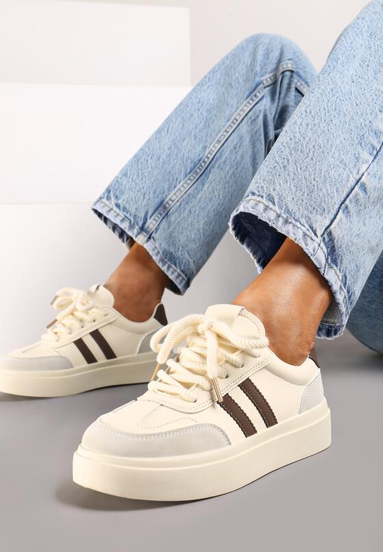 Beżowo-Brązowe Sneakersy na Grubej Podeszwie z Paskami i Sznurowaniem Tiariel 2