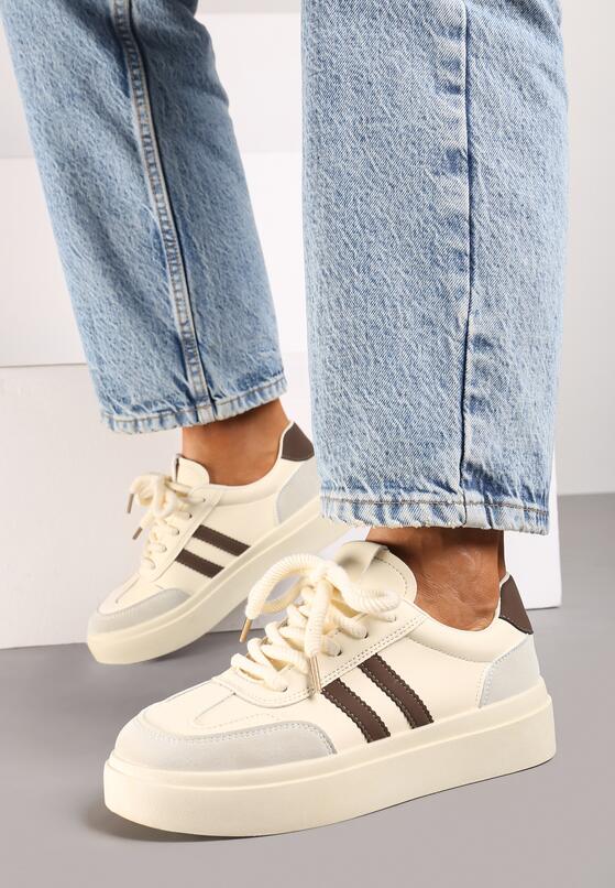 Beżowo-Brązowe Sneakersy na Grubej Podeszwie z Paskami i Sznurowaniem Tiariel 3