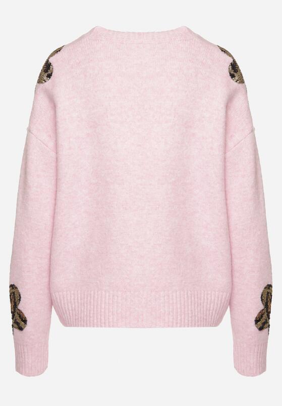 Różowy Sweter z Kwiatowymi Naszywkami i Cekinami Ciadora 7