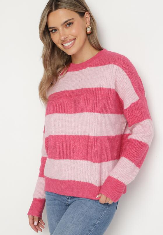 Różowy Sweter w Pasy z Wełną Zakończony Ściągaczem Tiaelle 1