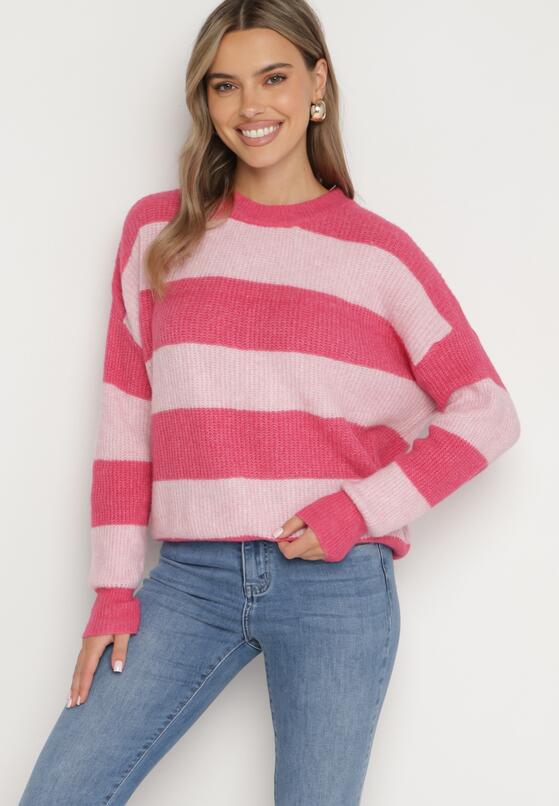 Różowy Sweter w Pasy z Wełną Zakończony Ściągaczem Tiaelle 2