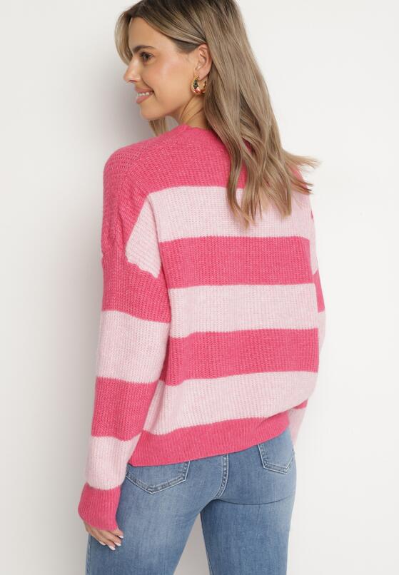 Różowy Sweter w Pasy z Wełną Zakończony Ściągaczem Tiaelle 3