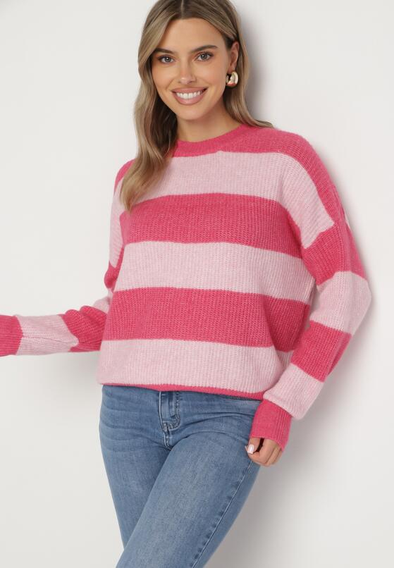 Różowy Sweter w Pasy z Wełną Zakończony Ściągaczem Tiaelle 4