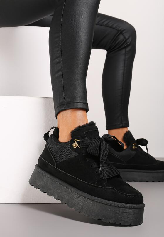 Czarne Sznurowane Sneakersy na Grubej Podeszwie z Futerkiem Vaitaly 2
