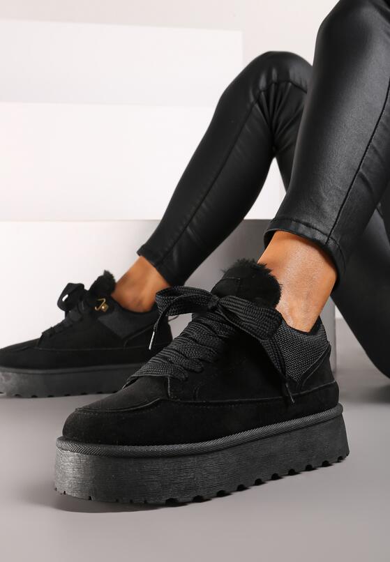 Czarne Sznurowane Sneakersy na Grubej Podeszwie z Futerkiem Vaitaly 1