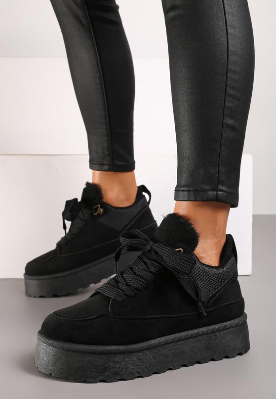 Czarne Sznurowane Sneakersy na Grubej Podeszwie z Futerkiem Vaitaly 3
