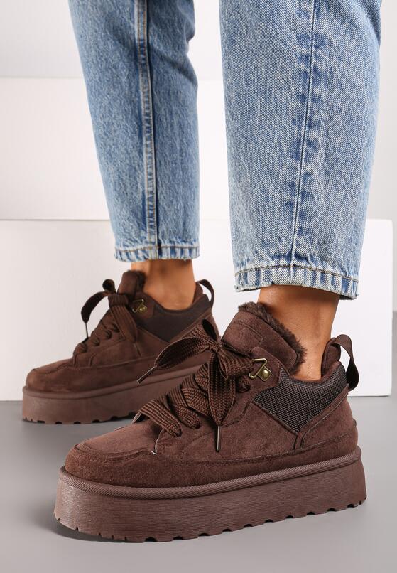 Brązowe Sznurowane Sneakersy na Grubej Podeszwie z Futerkiem Vaitaly 3