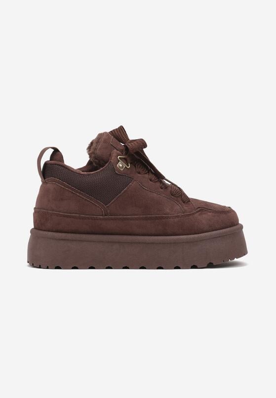 Brązowe Sznurowane Sneakersy na Grubej Podeszwie z Futerkiem Vaitaly 4