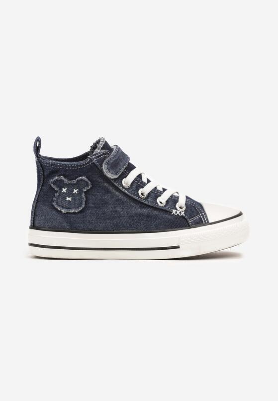 Granatowe Trampki za Kostkę z Denimu Zapinane na Rzep z Aplikacją przy Cholewce Vailee 1