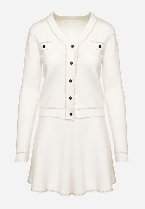 Biały Komplet z Wiskozą Rozkloszowana Spódnica Kardigan na Guziki z Metaliczną Nicią Avattoni 6