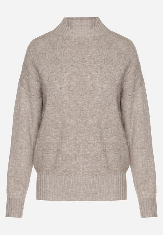 Ciemnobeżowy Sweter Golf z Ozdobnym Tłoczeniem Zakończony Ściągaczem Melodiea 6