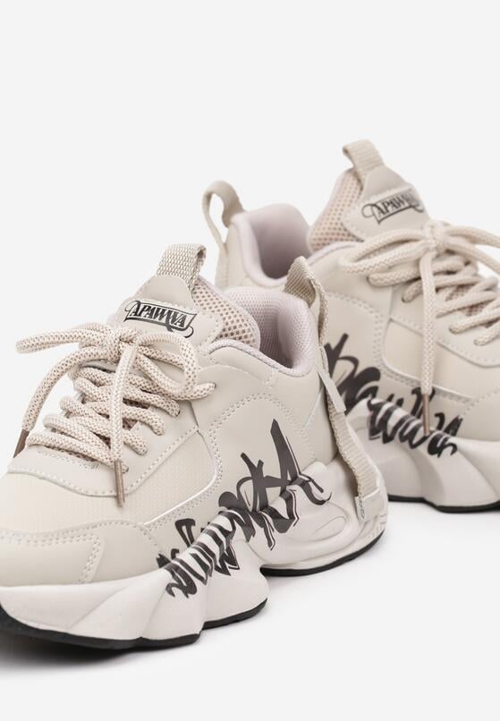 Beżowo-Czarne Buty Sportowe Sneakersy na Grubej Tłoczonej Podeszwie Ozdobione Napisem Celestira 3