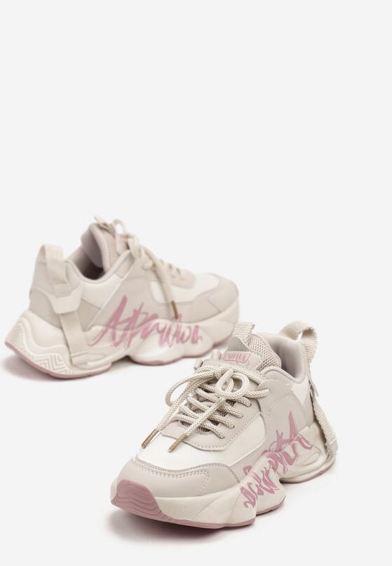 Beżowo-Różowe Buty Sportowe Sneakersy na Grubej Tłoczonej Podeszwie Ozdobione Napisem Celestira 2