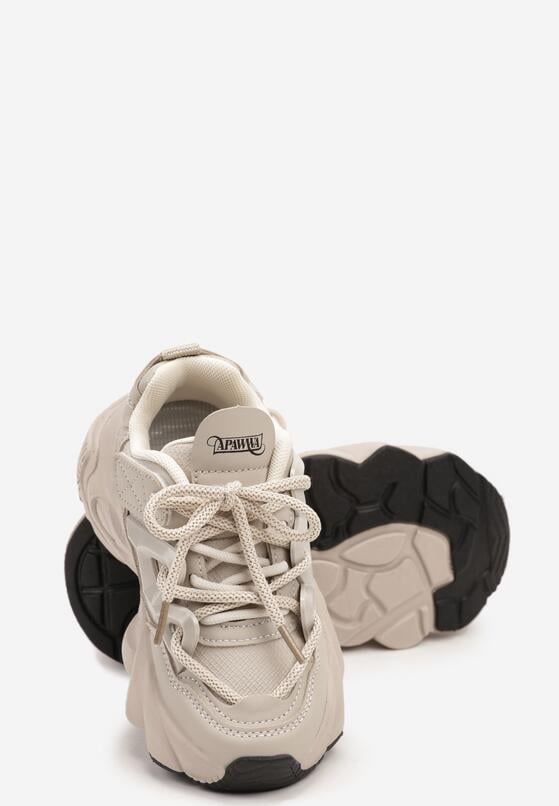 Beżowe Sznurowane Buty Sportowe Sneakersy na Grubej Tłoczonej Podeszwie Arionella 3