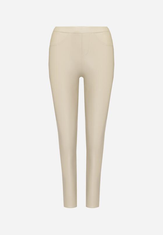 Jasnobeżowe  Legginsy z Ekoskóry z Wysokim Stanem i Imitacją Kieszeni Merievia 6