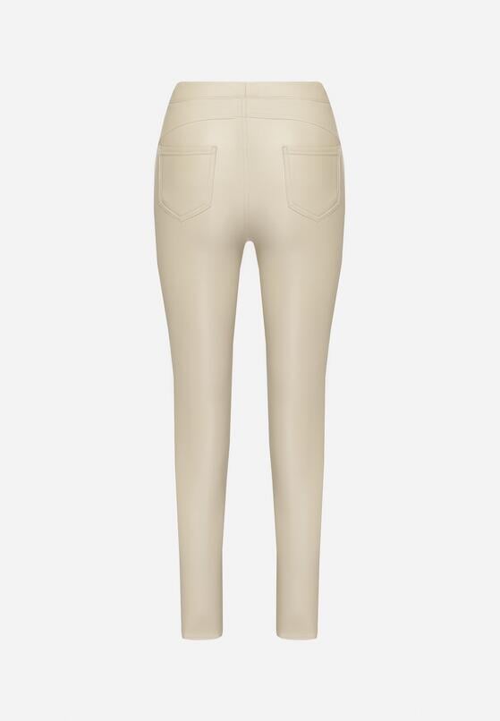 Jasnobeżowe  Legginsy z Ekoskóry z Wysokim Stanem i Imitacją Kieszeni Merievia 7