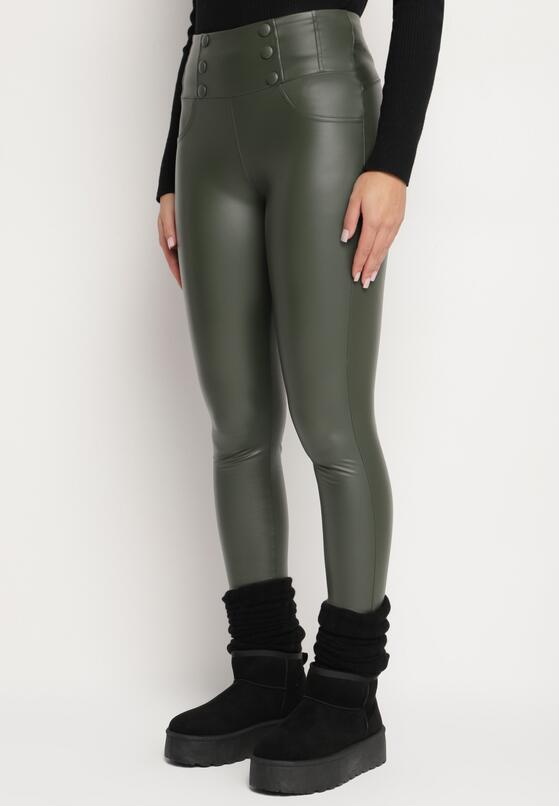 Ciemnozielone Legginsy z Ekoskóry Ocieplane z Efektem Push-Up Labrisa 1