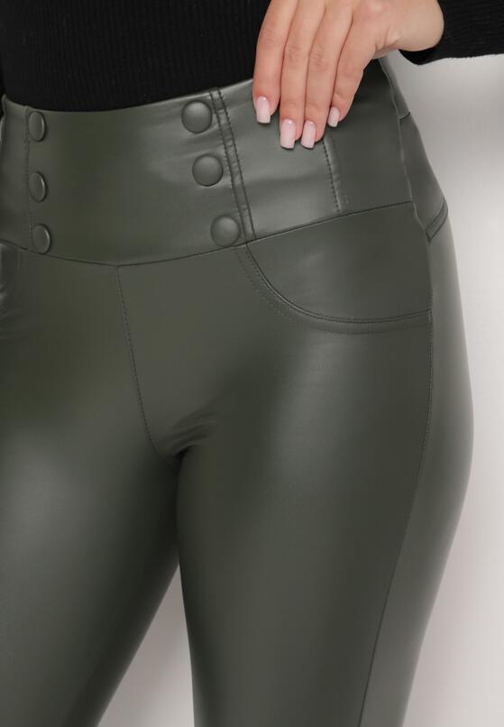 Ciemnozielone Legginsy z Ekoskóry Ocieplane z Efektem Push-Up Labrisa 5