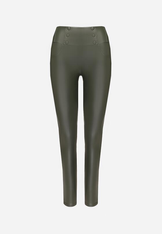 Ciemnozielone Legginsy z Ekoskóry Ocieplane z Efektem Push-Up Labrisa 6