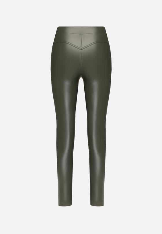 Ciemnozielone Legginsy z Ekoskóry Ocieplane z Efektem Push-Up Labrisa 7