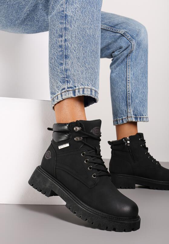 Czarne Botki Trekkingowe na Płaskiej Podeszwie ze Sznurowaniem Sinalis 1