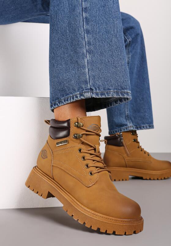 Brązowe Botki Trekkingowe na Płaskiej Podeszwie ze Sznurowaniem Sinalis 1