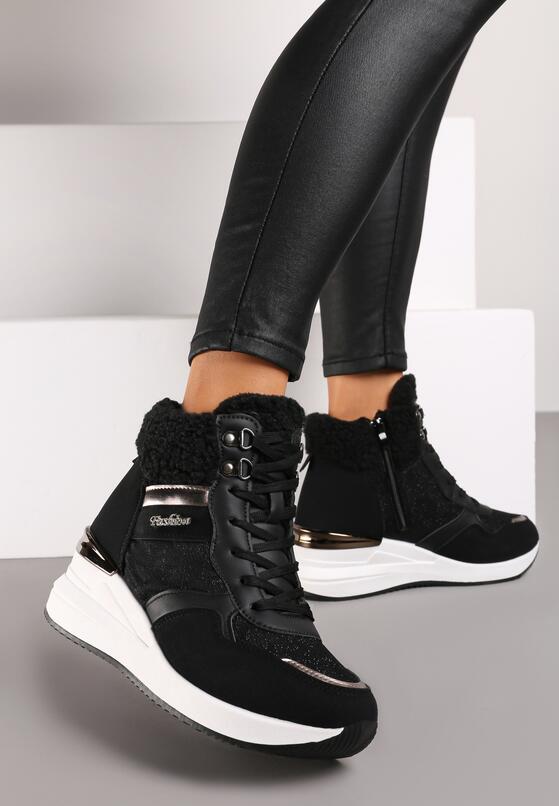 Czarne Sneakersy na Koturnie za Kostkę z Brokatem Sinthaine 2