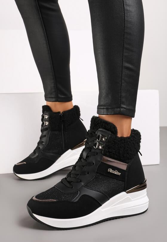 Czarne Sneakersy na Koturnie za Kostkę z Brokatem Sinthaine 1