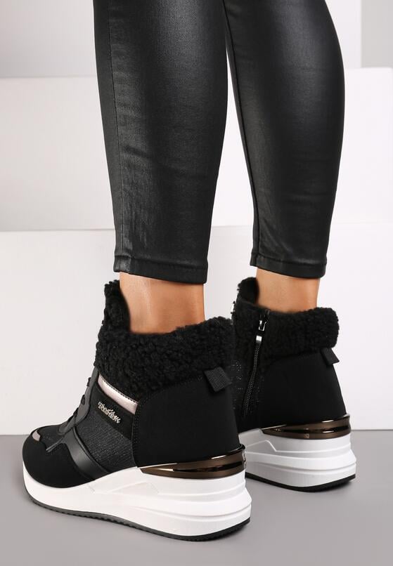 Czarne Sneakersy na Koturnie za Kostkę z Brokatem Sinthaine 3