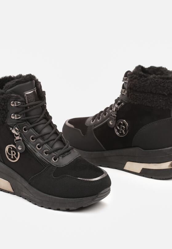 Czarne Sneakersy na Koturnie z Wysoką Cholewką Aplikacją i Futerkiem Typu Baranek Sinirithe 6