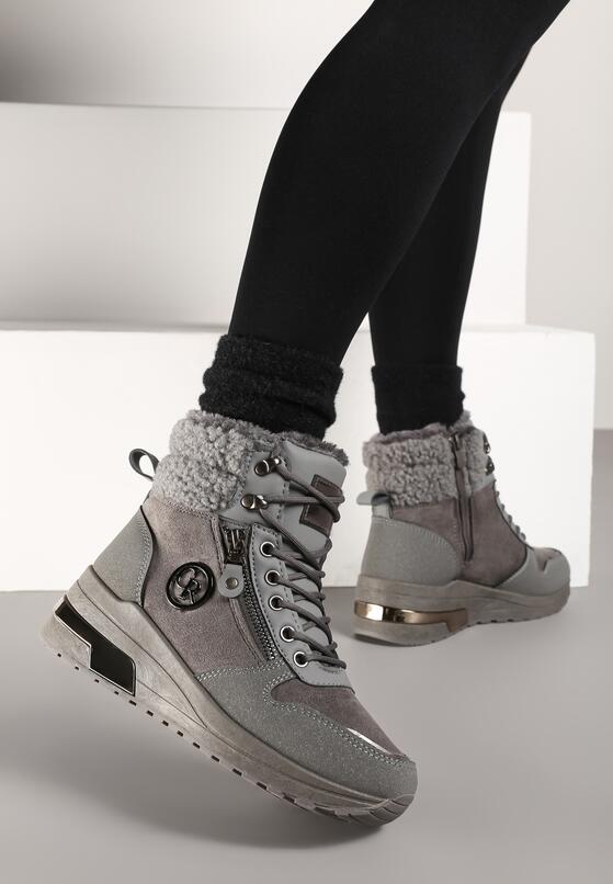 Szare Sneakersy na Koturnie z Wysoką Cholewką Aplikacją i Futerkiem Typu Baranek Sinirithe 2
