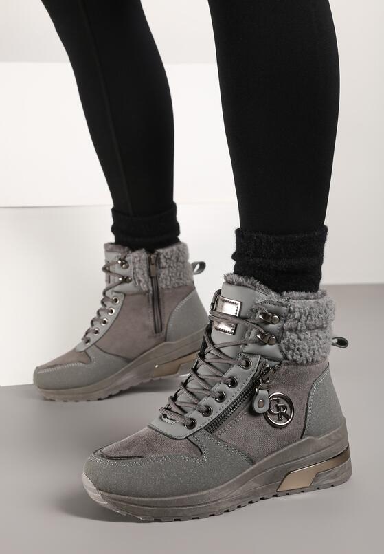 Szare Sneakersy na Koturnie z Wysoką Cholewką Aplikacją i Futerkiem Typu Baranek Sinirithe 1