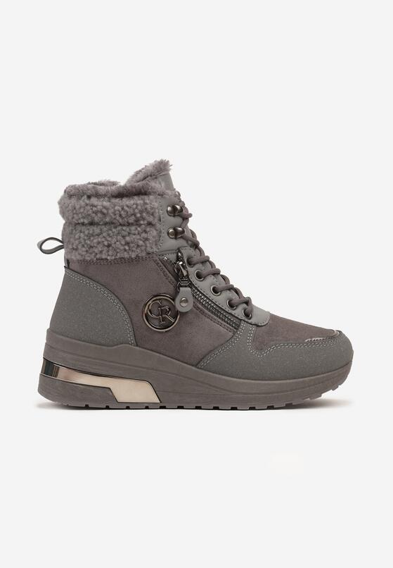 Szare Sneakersy na Koturnie z Wysoką Cholewką Aplikacją i Futerkiem Typu Baranek Sinirithe 4