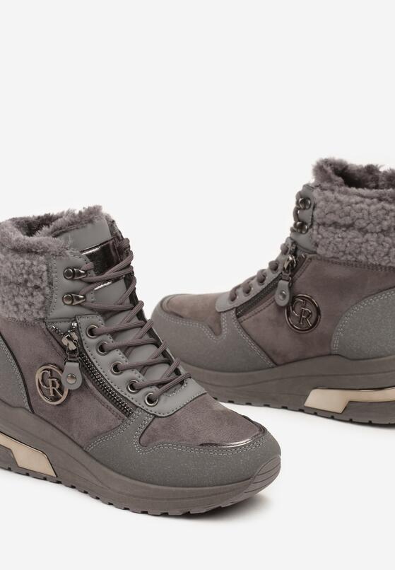Szare Sneakersy na Koturnie z Wysoką Cholewką Aplikacją i Futerkiem Typu Baranek Sinirithe 6
